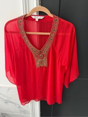 Forever New Red Beaded V-Neck Tunic Top